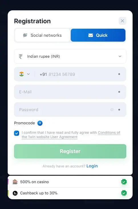 1win registration process